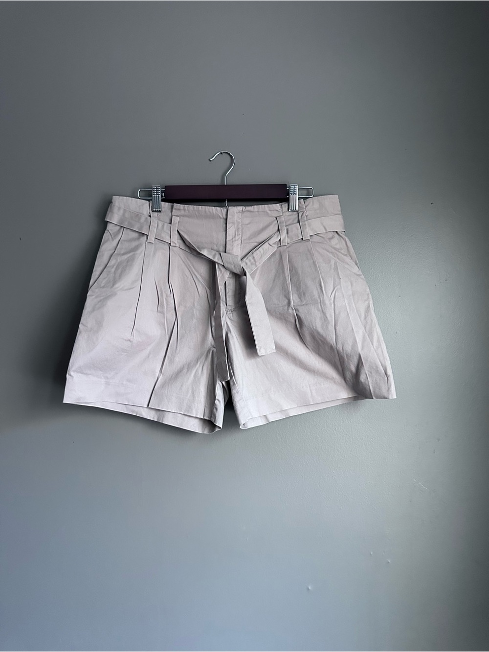 High-Waist Paperbag Tie Belt Shorts - Light Beige
